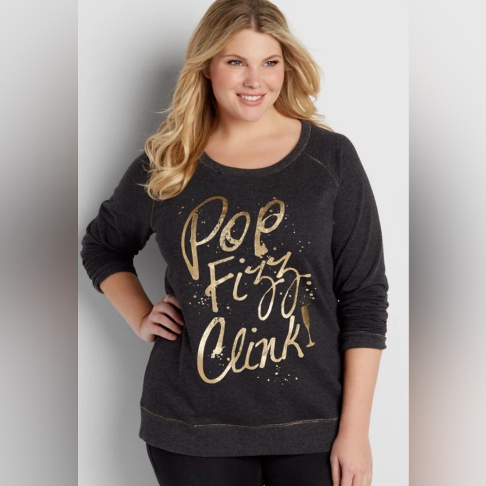 Maurices Charcoal Gray Metallic Foil Long Sleeve Sweatshirt Pop Fizz Clink 0X
